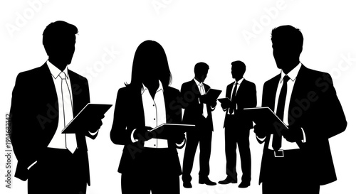 Professional Business Team Silhouette Vector Illustration. Corporate Group Meeting with Tablets and Documents.