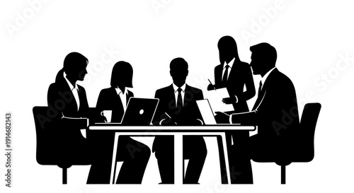 Business Team Meeting Silhouette Icon. Corporate collaboration, group discussion, and professional strategy session. Black and white vector graphic.