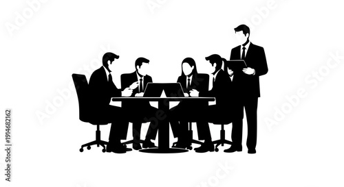 Business Meeting Silhouette Vector Illustration. Professional Team Collaboration and Corporate Presentation at Conference Table.