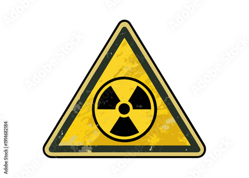 Grungy yellow triangular radiation hazard symbol with a black radioactive icon on a white background, indicating danger.