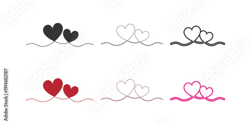 Two love hearts vector illustation art design. ribbon calligraphy line decoration, intertwined hearts outlines, greeting invitation, wedding love, valentines, mother day, romantic feelings.