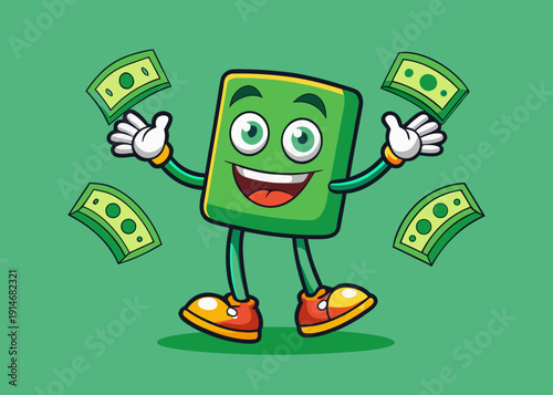 Retro cartoon money banknote character standing happily with arms open while green currency notes float around.