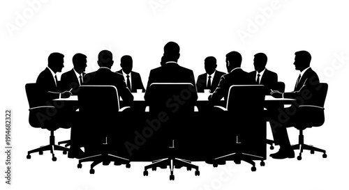 Business Meeting Silhouette Illustration: Executives Sitting Around a Boardroom Table for Discussion, Strategy, and Negotiation.