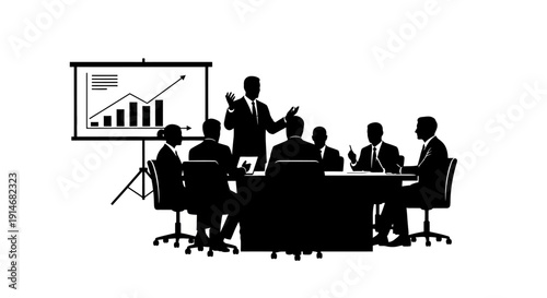 Corporate Business Presentation Silhouette. Team Meeting, Executive Discussion, and Financial Growth Strategy Vector Illustration.