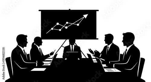 Black & White Business Team Silhouette Discussing Growth Strategy in Boardroom Presentation