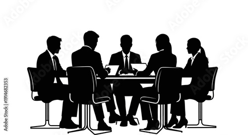 Corporate Business Meeting Silhouette Vector: Executives and Team Sitting at Boardroom Table for Strategy, Discussion, and Collaboration