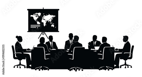 Global Business Meeting Silhouette: Executive Team in Boardroom Analyzing World Map Presentation. Corporate Strategy Vector Icon.