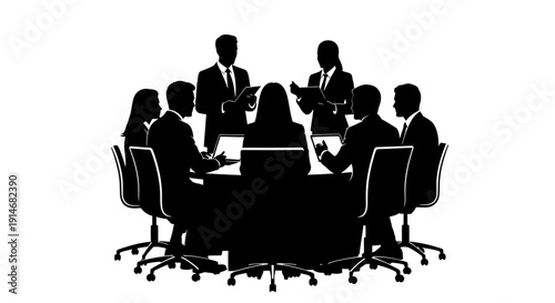 Corporate Board Meeting Silhouette Vector. Business Professionals Discussing Strategy, Teamwork, and Executive Planning Illustration on White.
