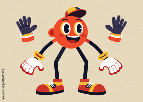 Retro cartoon red circular character with separate arms and hands elements for posing on a light brown background.