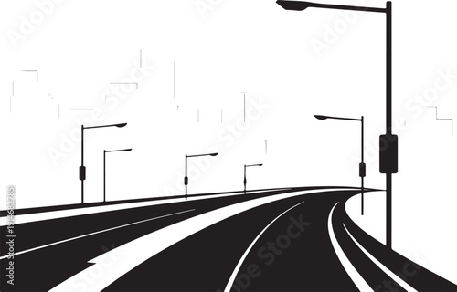 Black and white road with streetlights and rain lines