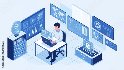 Man working efficiently with AI data analytics on laptop in a modern office setting, surrounded by screens and devices displaying graphs and charts, conveying productivity and innovation