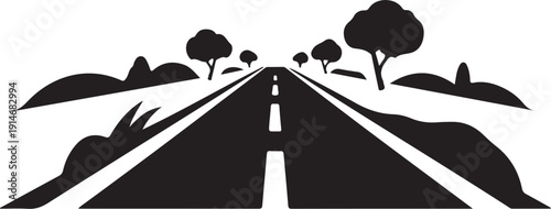 Black and white road with trees and hills in the background