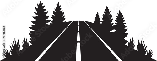 Black and white road with trees and shrubs on both sides