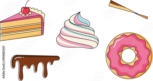 Assorted Sweet Desserts and Decorating Tools.