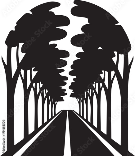 Black and white road with trees on both sides nature