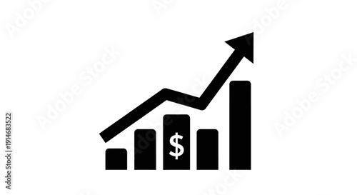Financial Growth Bar Chart Icon. Upward Trend, Rising Arrow, and Dollar Symbol. Vector Graphic for Business Success, Investment, and Profit Increase.