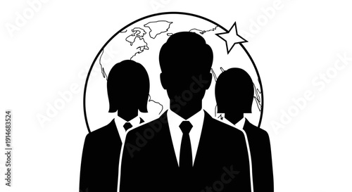 Global Business Team Silhouette Vector Icon. Corporate Leadership, International Success, and World Professionalism Graphic.