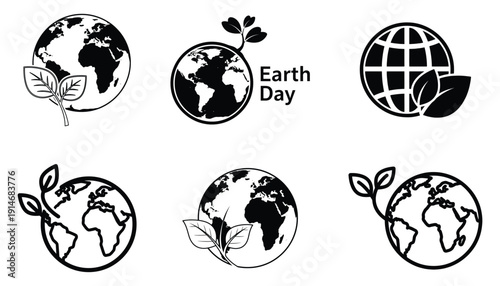 Earth day icons: planet and leaf graphics