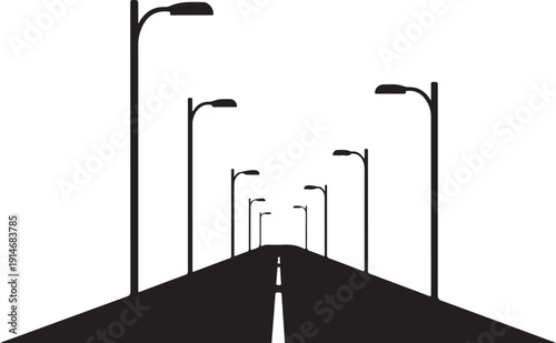 Black and white street with streetlights and dashed line