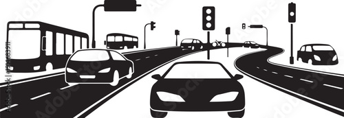 Black and white traffic scene with cars and buses at intersection