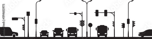 Black and white traffic scene with cars and traffic lights