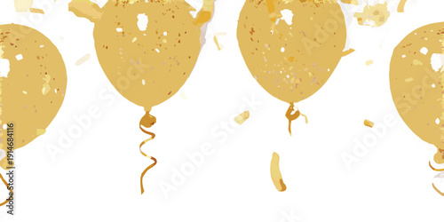 Golden balloons float against a dark background with scattered confetti