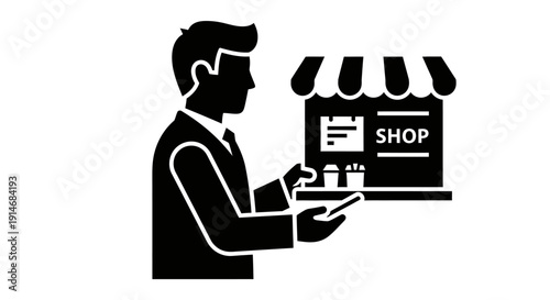 Mobile E-commerce and Digital Retail Icon. Businessman Ordering Online from Local Shop using a Smartphone or Tablet. Click & Collect Concept Vector.