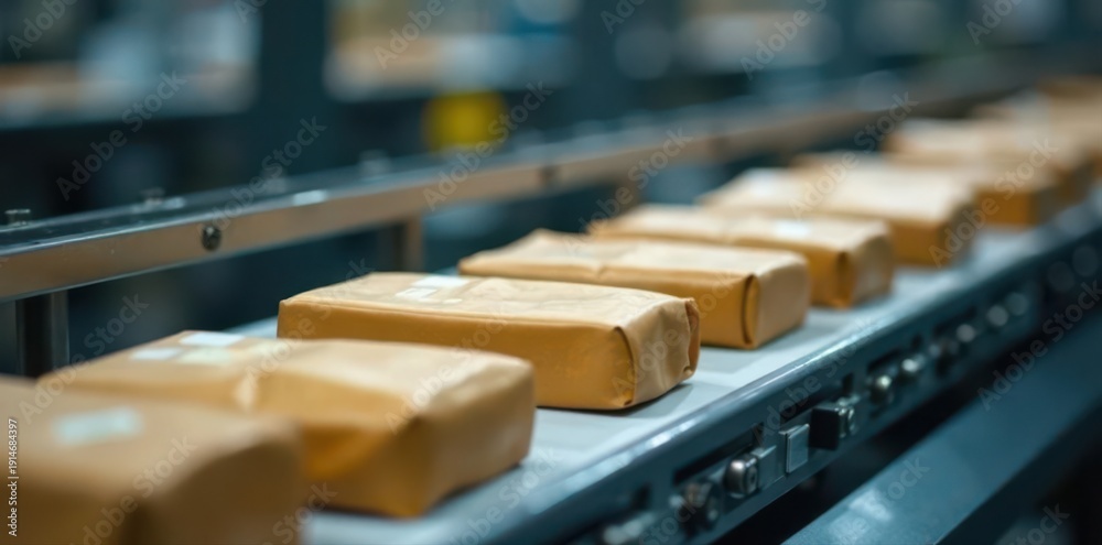 Fototapeta premium Sealed packages on a moving conveyor system, close-up, carton, texture, container