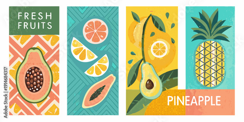 Colorful illustrations of various tropical fruits in a vertical format