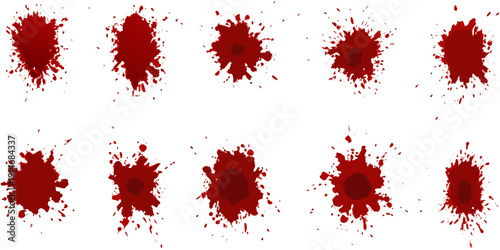 A collection of realistic blood splatter shapes and stains against white