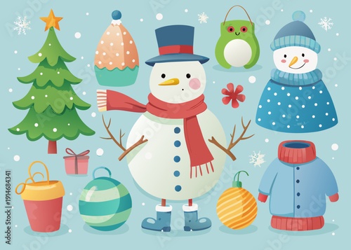 A watercolor set of a classic snowman, two snow-characters, a Christmas tree, ornaments, gifts, and winter clothing elements.