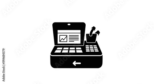 POS System Icon: Cash Register and Payment Terminal with Transaction Data and Outflow Arrows