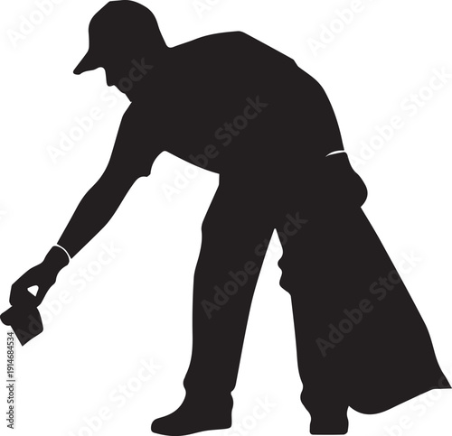 Man silhouette picking up trash with bag illustration for cleanup recycling concept