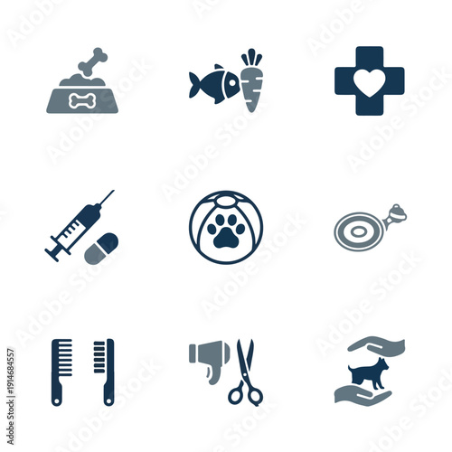 A grid of nine monochromatic vector icons depicting diverse pet care aspects, such as food, veterinary health, playtime, and grooming services.