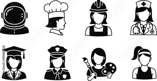 Set of Diverse Professional Women Icons Representing Careers, Female Empowerment, and Various Occupations in Flat Black and White Vector Style for Business, Education, and Web Design