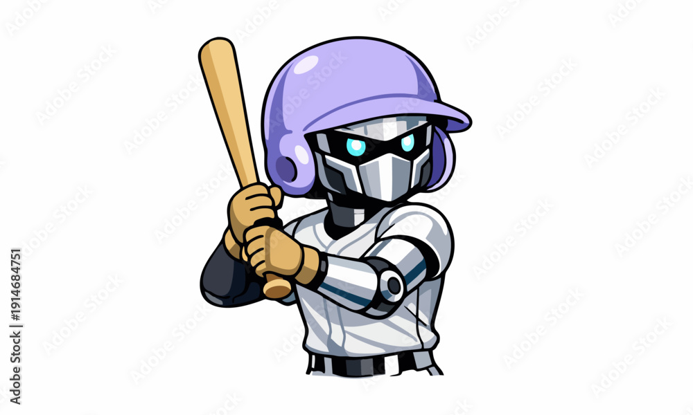 Naklejka premium Futuristic robotic baseball player ready to swing cartoon illustration