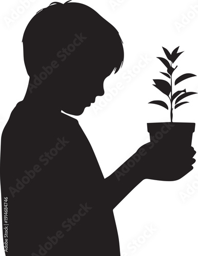 Young boy silhouette holding potted plant illustration for nurturing future growth