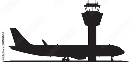 Black silhouette of airplane and control tower white
