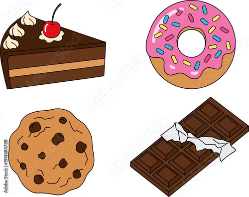 Assorted sweet treats including cake, donut, cookie, and chocolate.