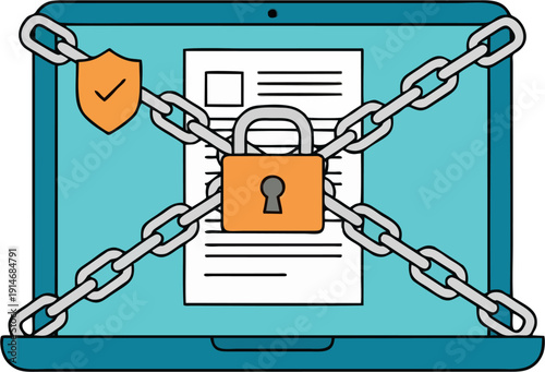 Laptop Data Protection Concept with Padlock Chain and Security Shield Flat Vector Illustration