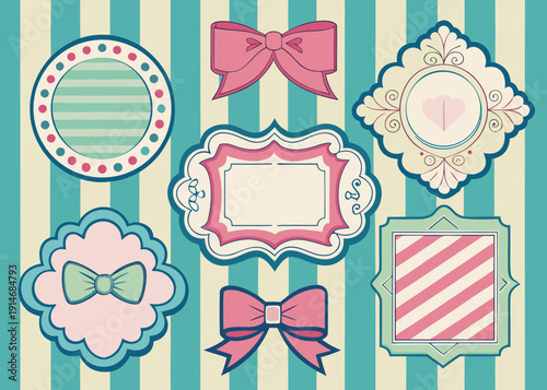 Set of whimsical ornate frames in various shapes with polka dots, stripes, and pink bows on a striped background.