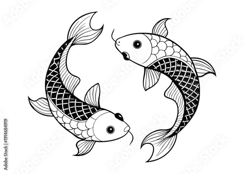 Two black and white zentangle stylized koi fish with partial black scales arranged in a circular design.