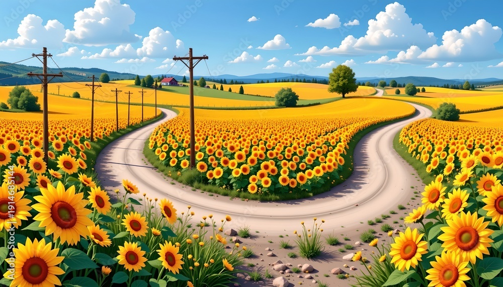 Fototapeta premium Winding Sunflower Road Under Blue Sky