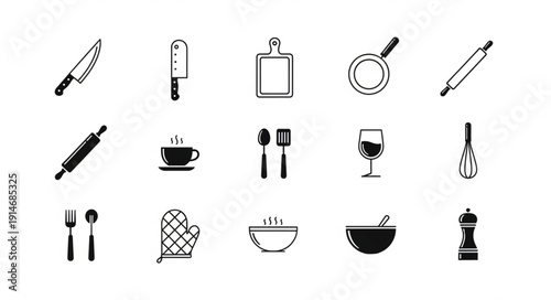 Collection of hand-drawn kitchen utensils and cooking items.
