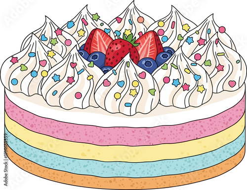 Colorful layered cake with whipped cream and fruit topping.