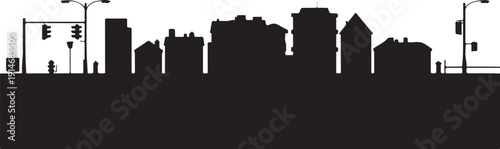 Black silhouette of city skyline with traffic lights and buildings