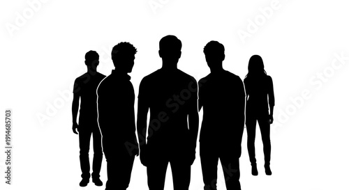 Group Silhouette of Five People: Team, Crowd, and Anonymity Concept. Diverse male and female individuals illustration on white.