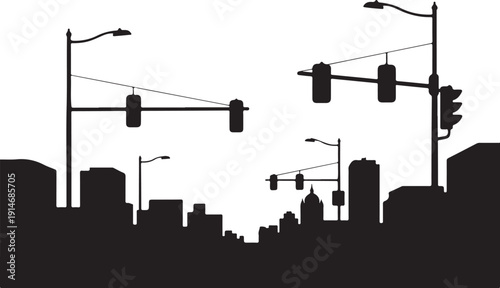 Black silhouette of city skyline with traffic lights and street lamps