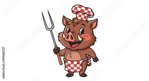 Cartoon pig wearing chef hat and apron holding fork.