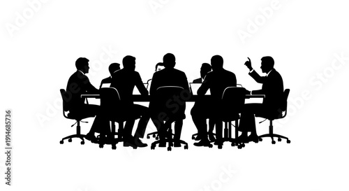 Business Meeting Silhouette. Corporate Team Collaboration and Discussion around Conference Table. Black Vector Illustration.